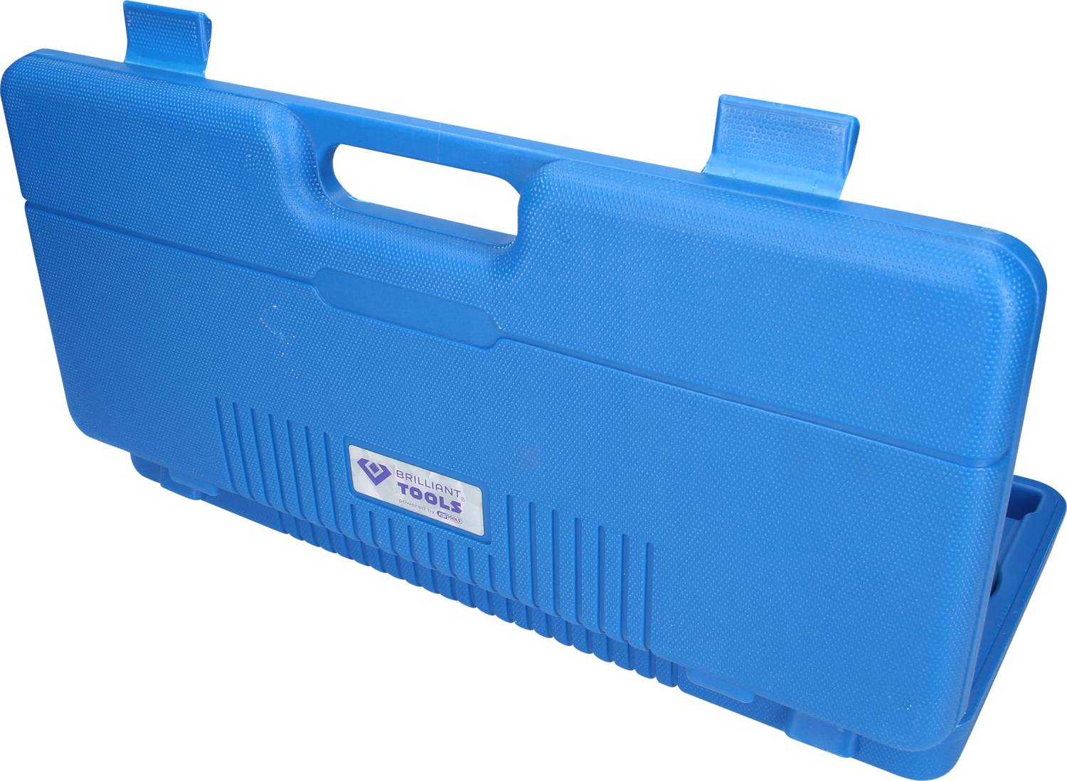 Niebieski kufer na narzędzia z uchwytem, zamknięty. Prawdopodobnie zawiera narzędzia. Kufer ma prostokątny kształt i twardą obudowę.