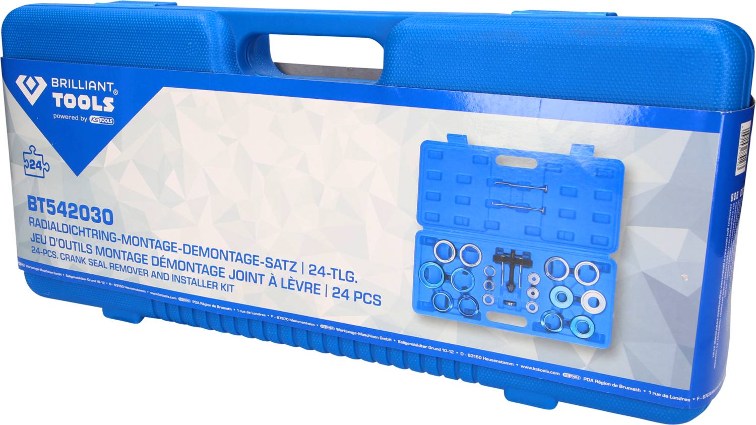 Niebieski kufer narzędziowy z 24-elementowym zestawem narzędzi do montażu uszczelnień promieniowych. Zawiera różne okrągłe nakładki i elementy narzędziowe do instalacji.