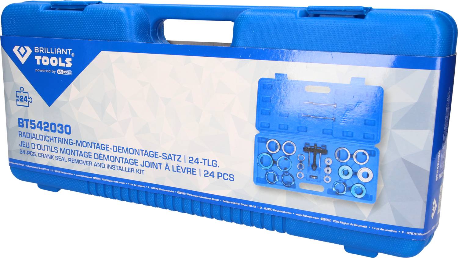 Niebieski kufer narzędziowy z napisem 'Brilliant Tools BT542030 Zestaw do montażu i demontażu uszczelnień promieniowych, 24 elementy'.