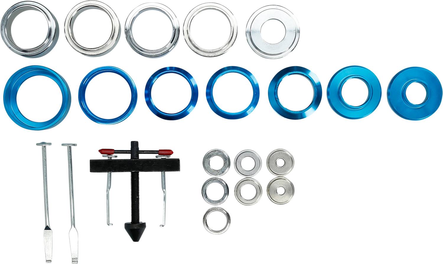 Zestaw metalowych pierścieni i narzędzi do naprawy lub montażu, składający się z różnych rozmiarów i kształtów w kolorach srebrnym i niebieskim.