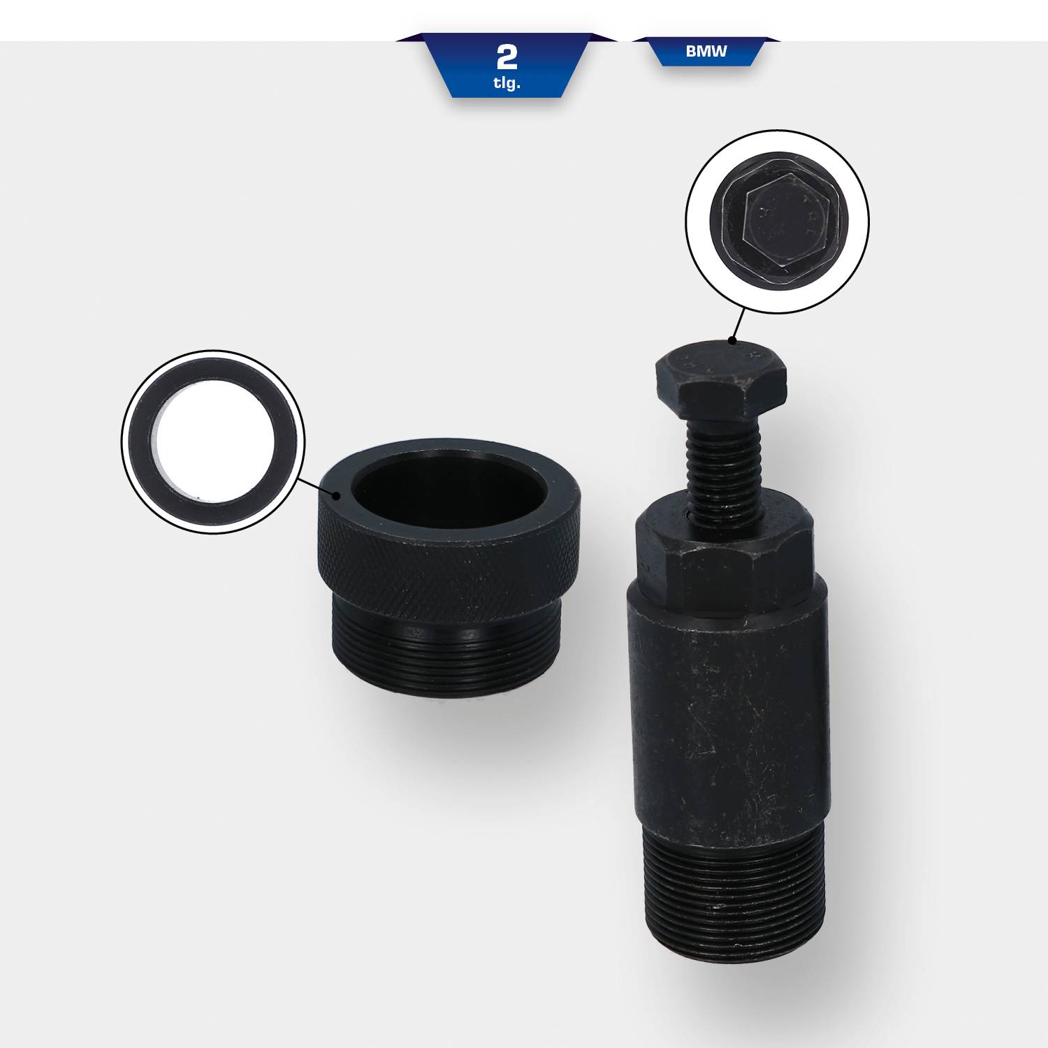 Narzędzie do ściągania łożysk kół BMW. Dwa czarne, cylindryczne elementy metalowe: pierścień i mechanizm śrubowy.