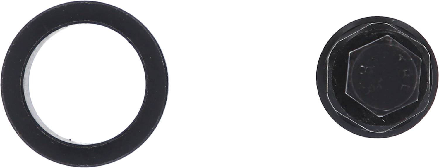 Dwie czarne metalowe części: po lewej stronie pierścień, po prawej stronie nakrętka sześciokątna.