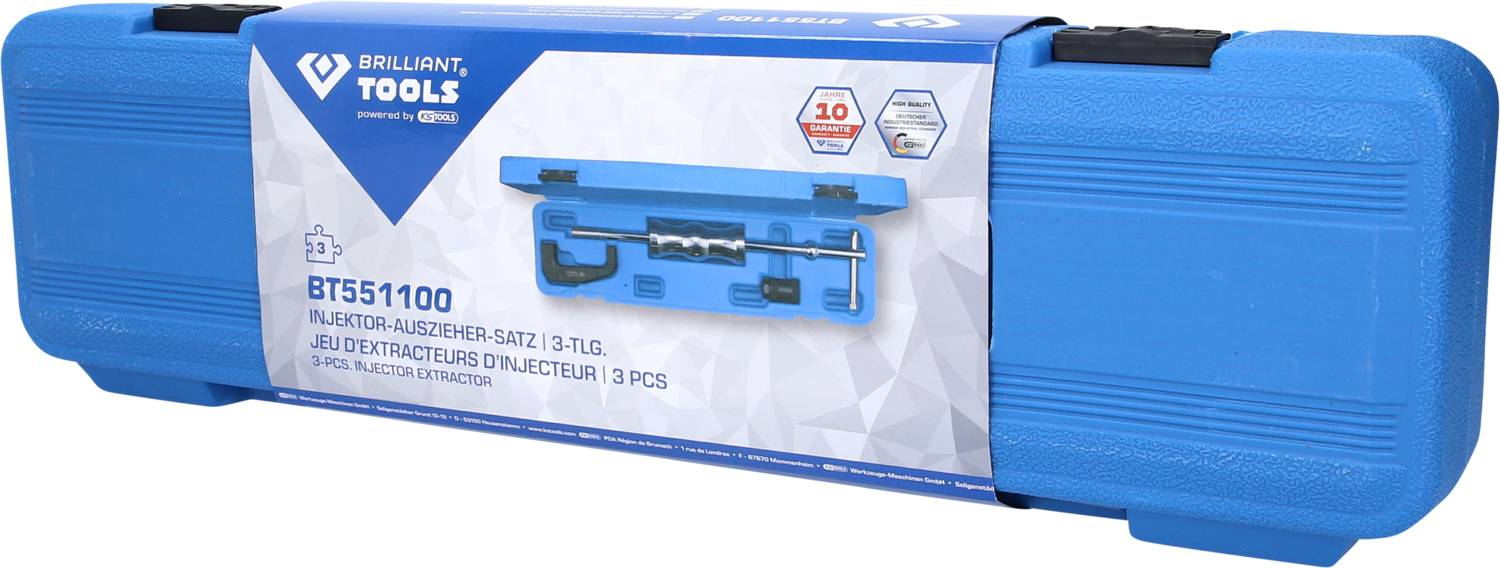 Niebieski plastikowy kufer z zestawem do wyciągania wtryskiwaczy marki 'Brilliant Tools', składający się z 3 części, sfotografowany na jasnym tle.