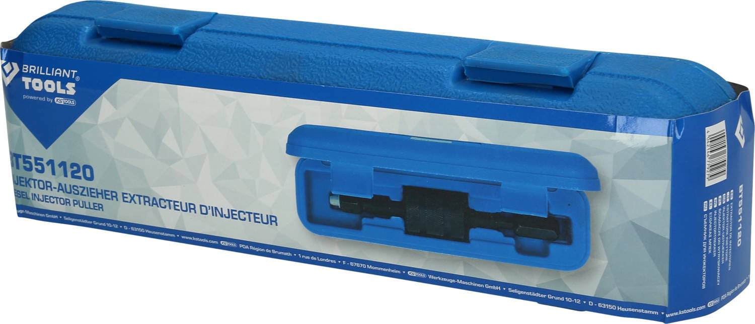 Niebieskie opakowanie dla wyciągacza wtryskiwaczy, numer modelu T551120 marki 'Brilliant Tools'.