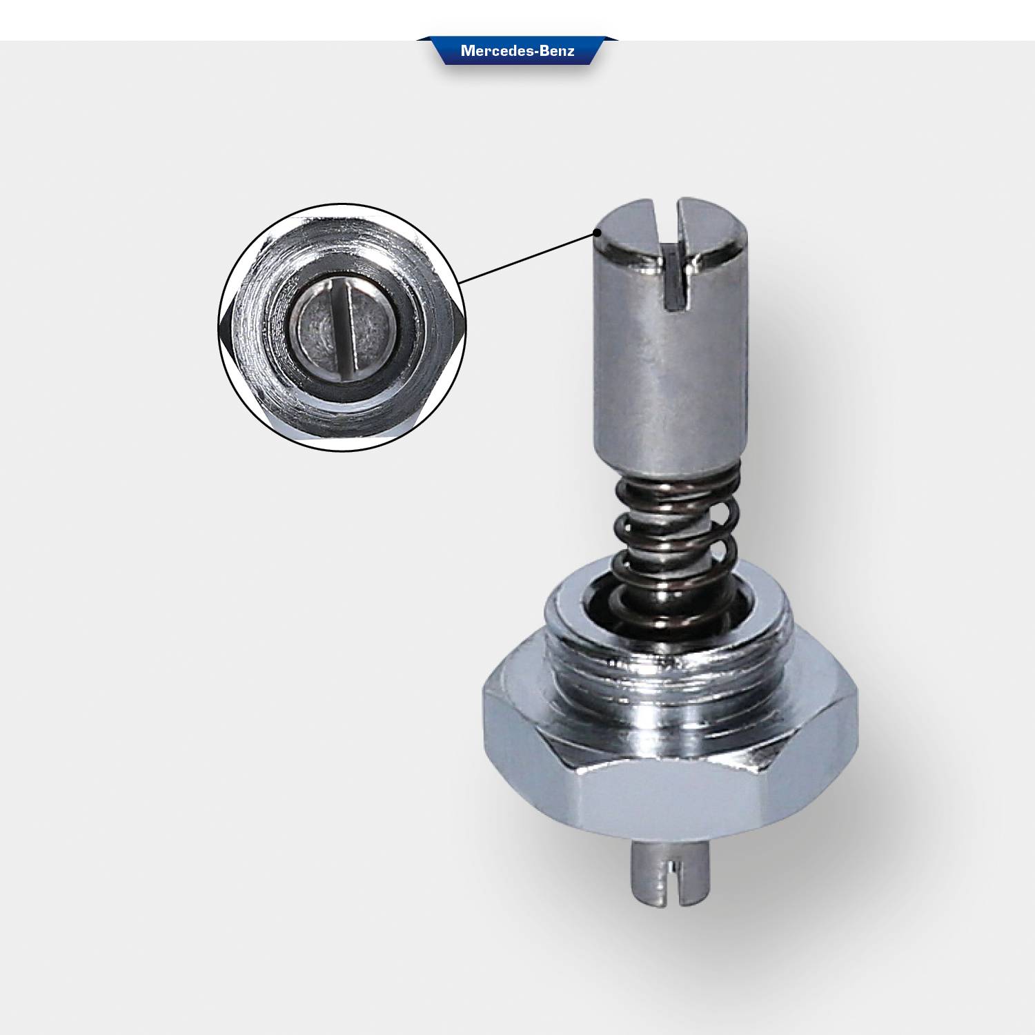 'Mercedes-Benz części samochodowej: Kształt cylindra z cewką sprężynową i śrubą, widok szczegółowy z lewego górnego rogu. Metaliczna powierzchnia, przedstawienie techniczne.'