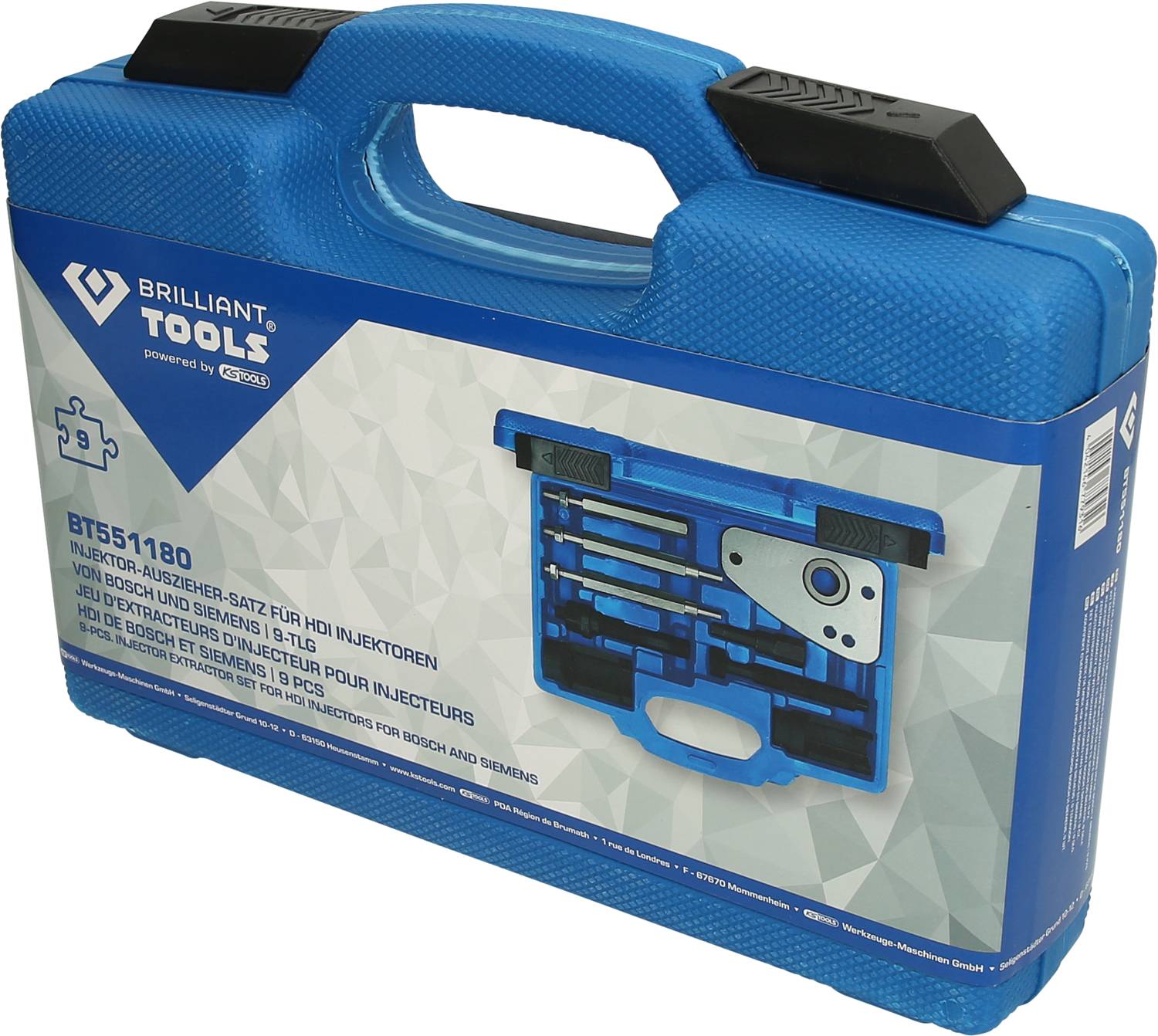 Niebieski plastikowy kufer z zestawem narzędzi do wtryskiwaczy, z nadrukiem nazwy marki 'Brilliant Tools' oraz numerem modelu 'BT551180'.