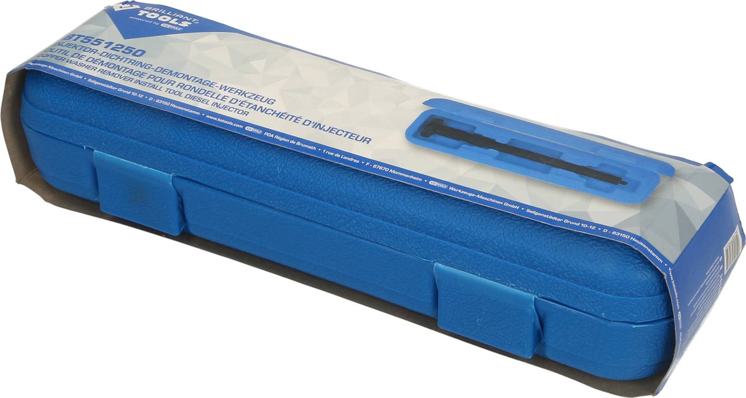 Niebieski walizka narzędziowa z wyściółką piankową, zawierająca specjalistyczne narzędzia do demontażu wtryskiwaczy, widoczna przez przezroczystą plastikową pokrywę.