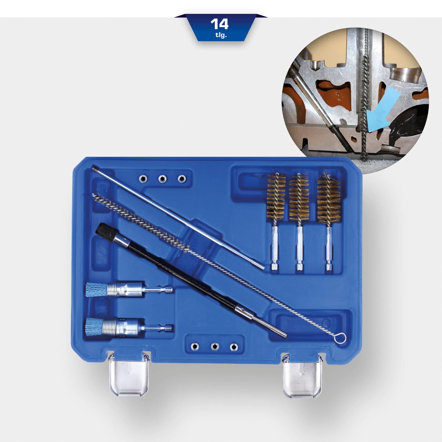 Zestaw szczotek czyszczących w niebieskiej walizce; zawiera różne pędzle i dysze do pielęgnacji maszyn, zestaw 14-elementowy.