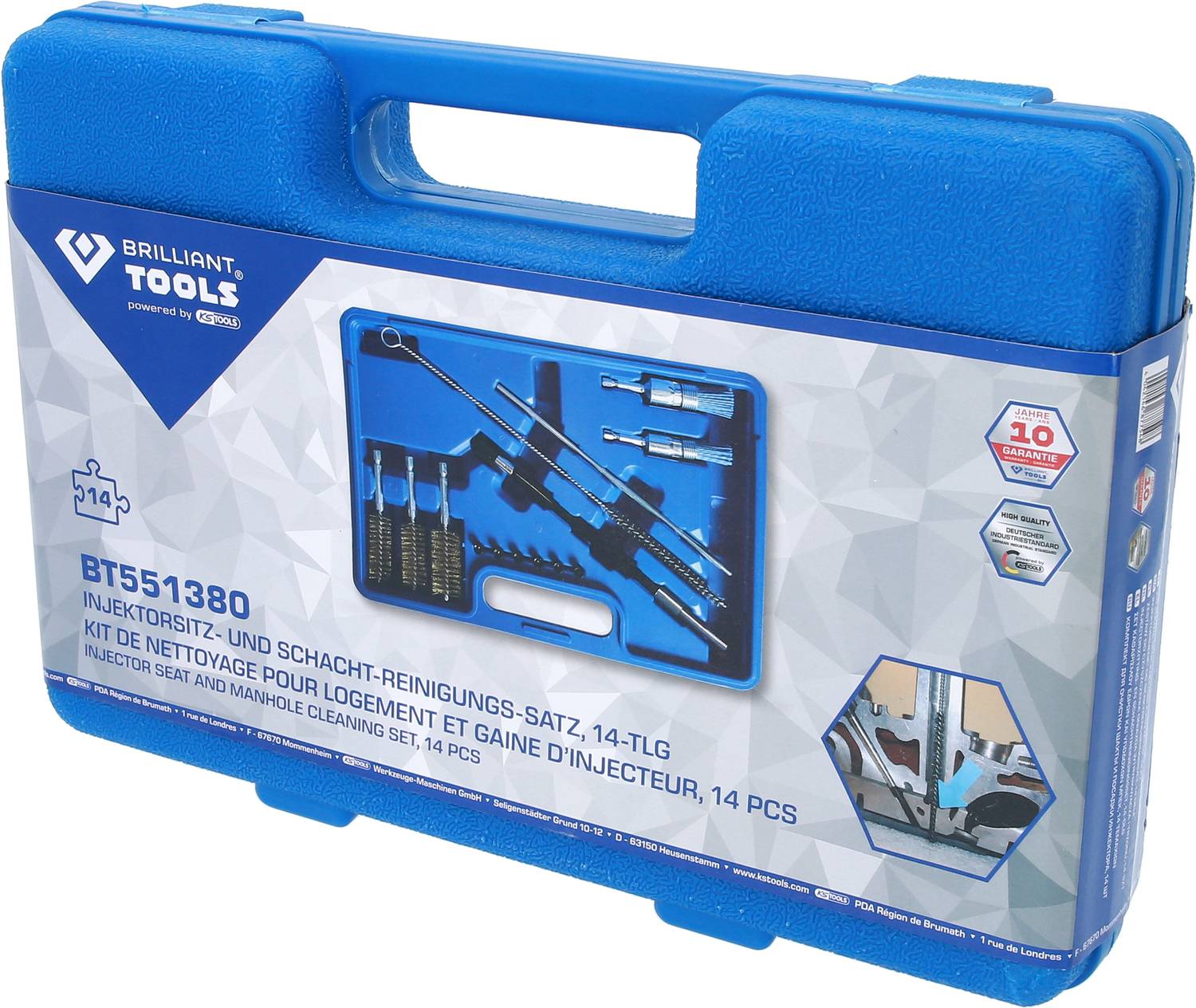 Niebieski zestaw narzędziowy z napisem 'Zestaw do czyszczenia wtryskiwaczy i szybów, 14-częściowy'. Prezentuje zawarte w nim narzędzia.