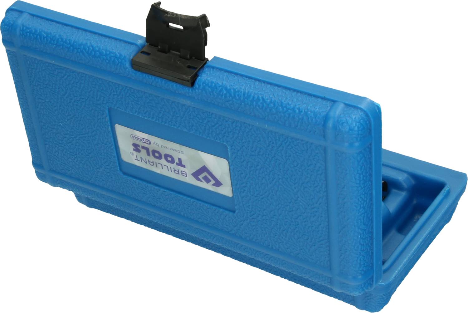 Niebieska skrzynka narzędziowa z czarnym zamknięciem jest częściowo otwarta, bez widocznej zawartości, z etykietą 'Brilliant Tools'.