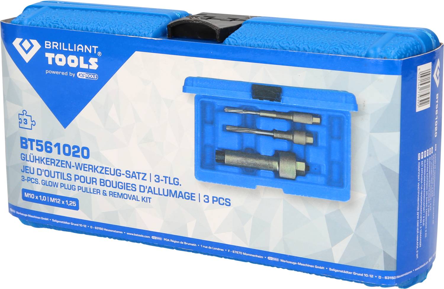 Niebieski zestaw narzędziowy składający się z 3 elementów, rozpoznawalny jako zestaw narzędzi do świec żarowych BT561020 marki Brilliant Tools.