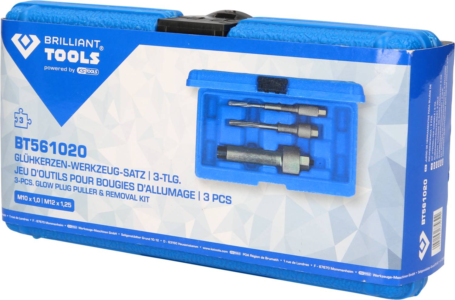 Zestaw narzędzi Brilliant Tools do świec żarowych, 3-częściowy, w niebieskim etui. Zawiera specjalistyczne narzędzia do wyciągania świec żarowych.