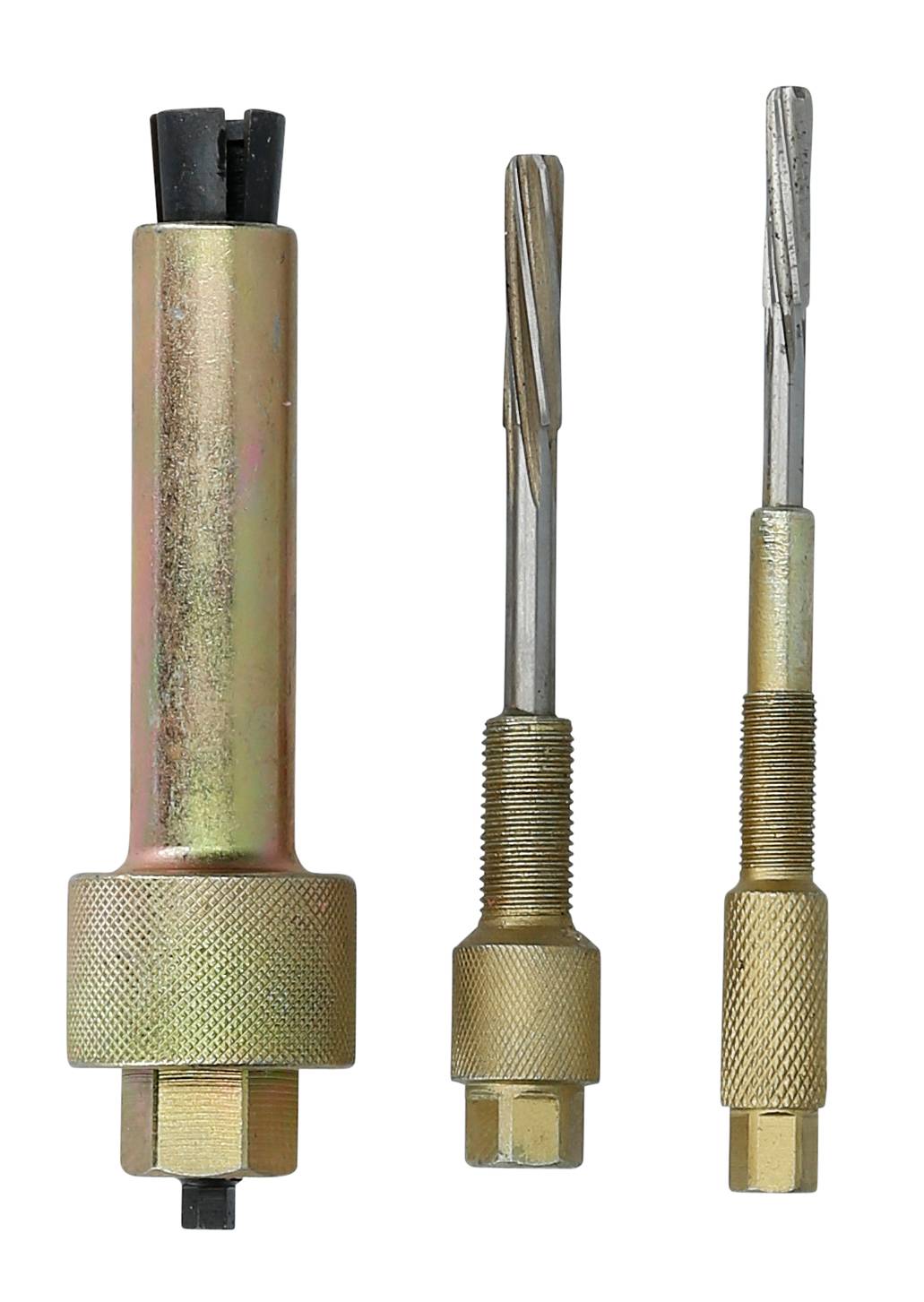 Trzy metalowe narzędzia o różnych rozmiarach i kształtach, prawdopodobnie przeznaczone do obróbki lub montażu części mechanicznych.