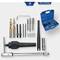 Zestaw narzędzi do naprawy gwintów z różnymi wiertłami, gwintownikami i dźwigniami. Niebieski kufer do przechowywania.