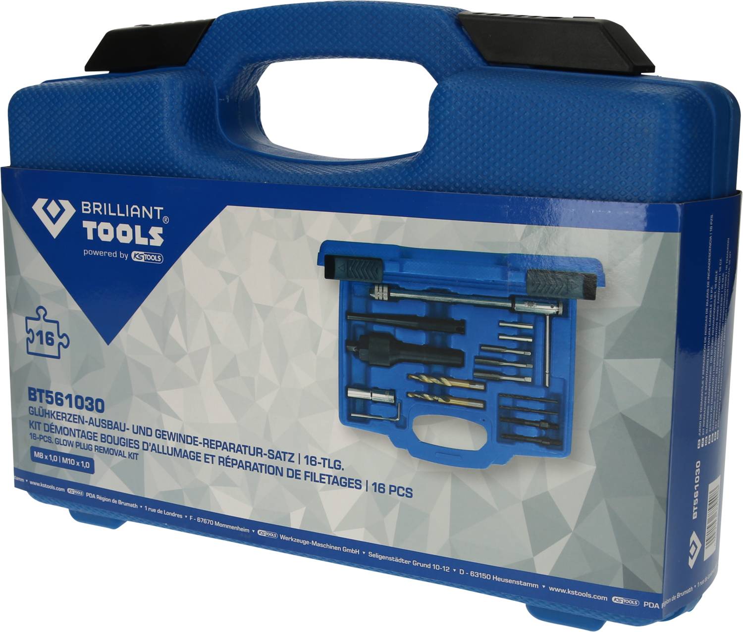 Niebieski kufer narzędziowy z uchwytem, zawierający 18-częściowy zestaw do wyciągania świec żarowych i naprawy gwintu. Opakowanie prezentuje rozmieszczenie narzędzi.