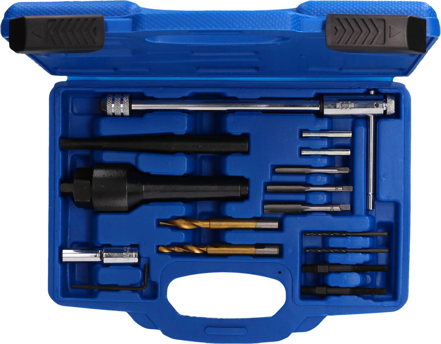 Niebieski kufer narzędziowy z różnymi wiertłami i końcówkami w uporządkowanych przegródkach, otwarty, prezentujący swą zawartość.