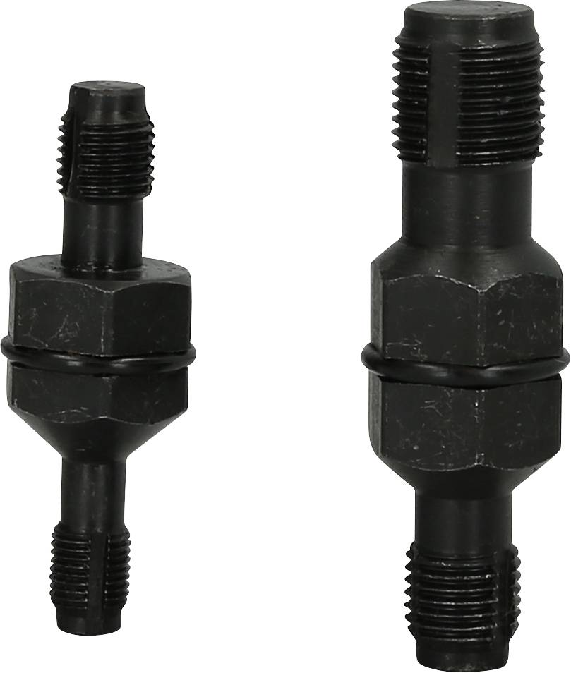 Dwa czarne metalowe śruby różnej wielkości z gwintem na obu końcach i centralnym sześciokątnym odcinkiem do mocowania.