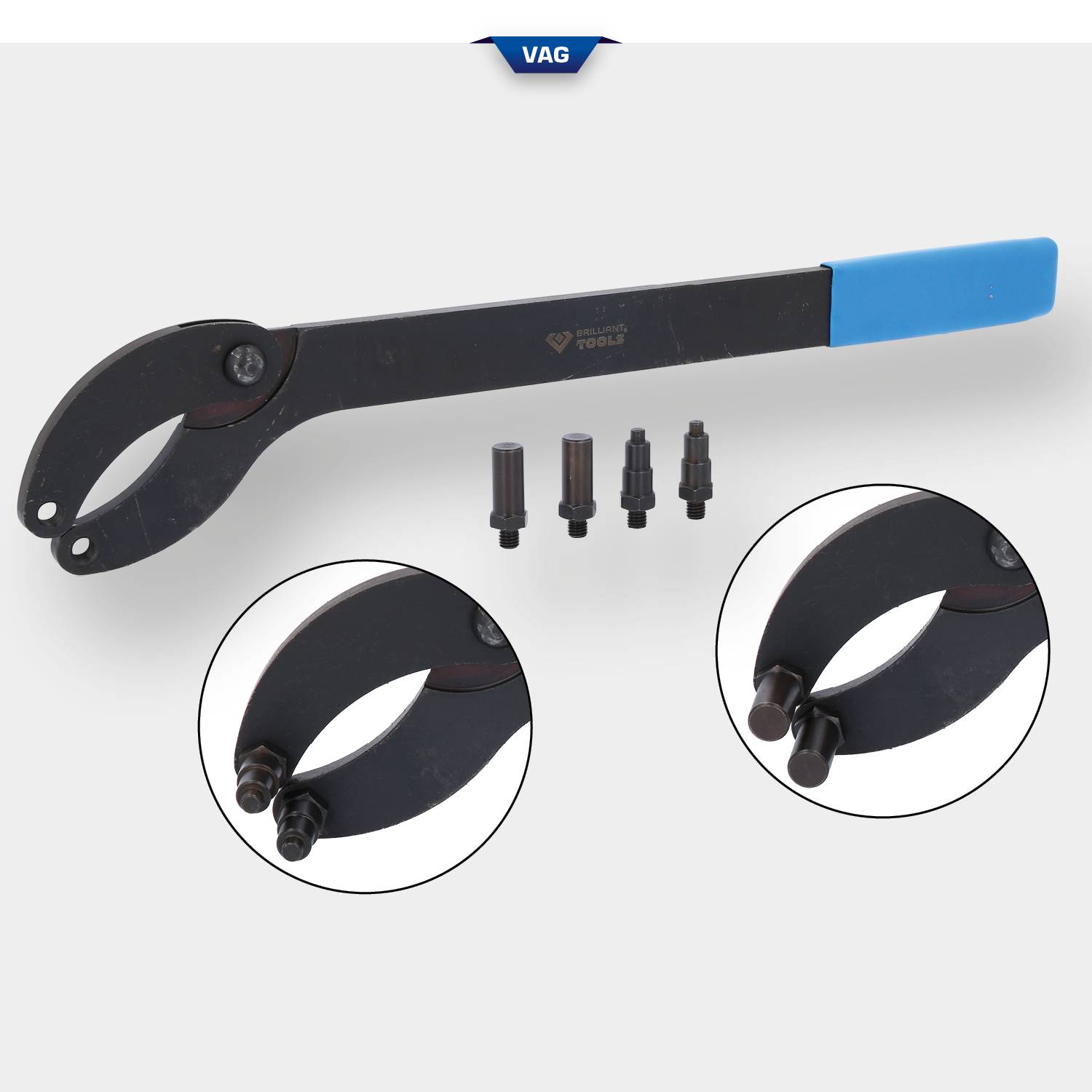 Narzędzie specjalistyczne z niebieskim uchwytem, prawdopodobnie zacisk, z trzema wymiennymi wkładkami do różnych zastosowań.