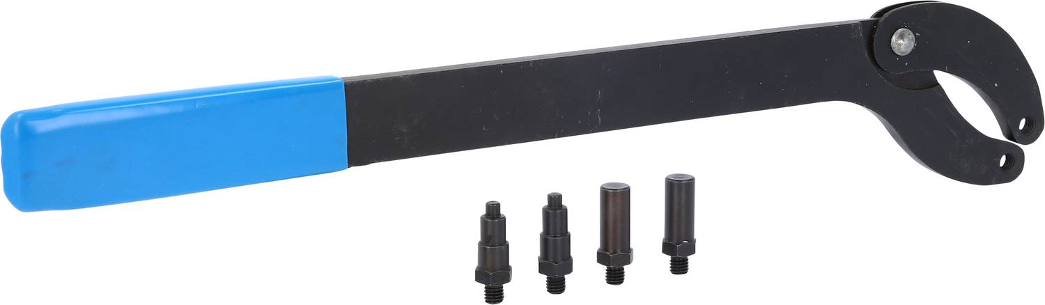 Czarny klucz hakowy z niebieskim uchwytem i czterema różnymi czarnymi adapterami, leżące na białym tle.