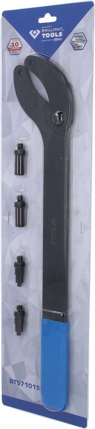 Opakowanie z kluczem hakowym i czterema wymiennymi głowicami, odpowiednie do różnych zastosowań w mechanice.