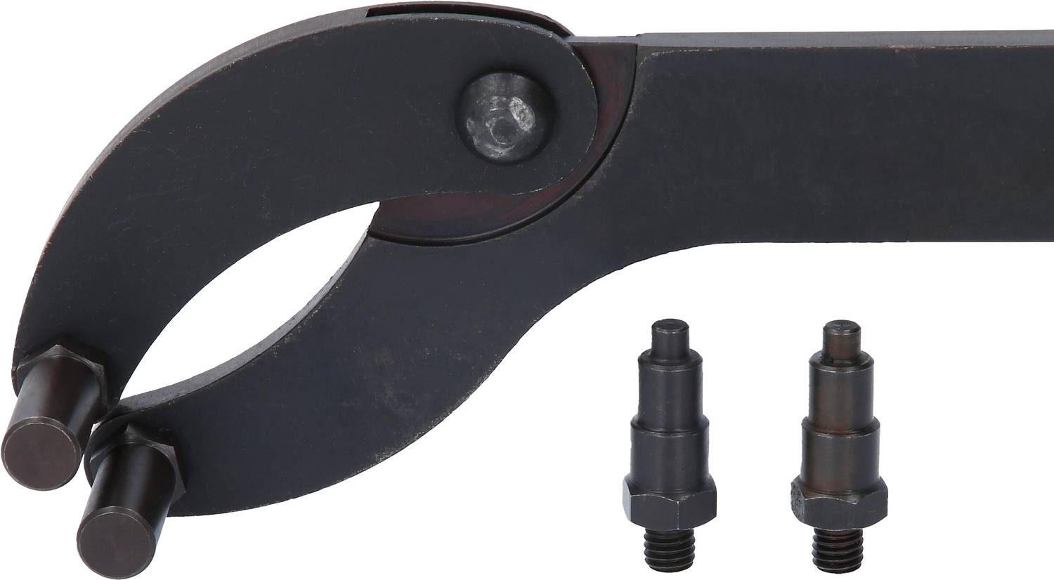 Narzędzie zaciskowe z dwoma wymiennymi trzpieniami, odpowiednie do zabezpieczania cylindrów. Zawiera dwa zapasowe trzpienie o różnych rozmiarach.