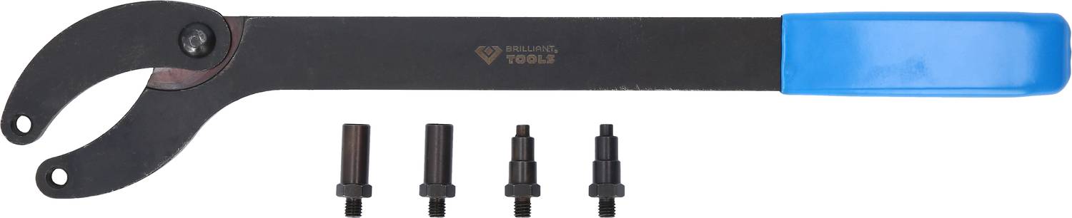 Czarny klucz hakowy z niebieskim uchwytem, obok niego cztery adaptery o różnych rozmiarach. Narzędzie do specjalistycznych zastosowań.