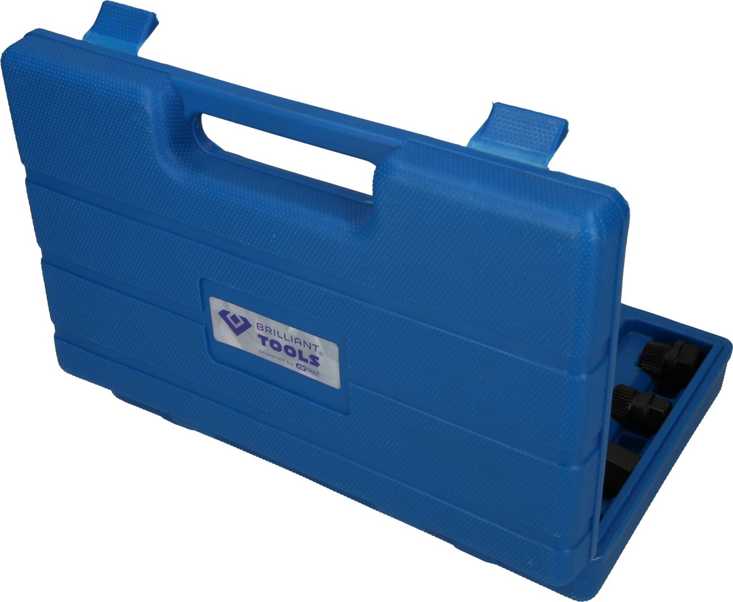Niebieski plastikowy kufer z uchwytem, częściowo otwarty. Widoczne narzędzia przez otwartą stronę. Etykieta: 'Brilliant Tools'.