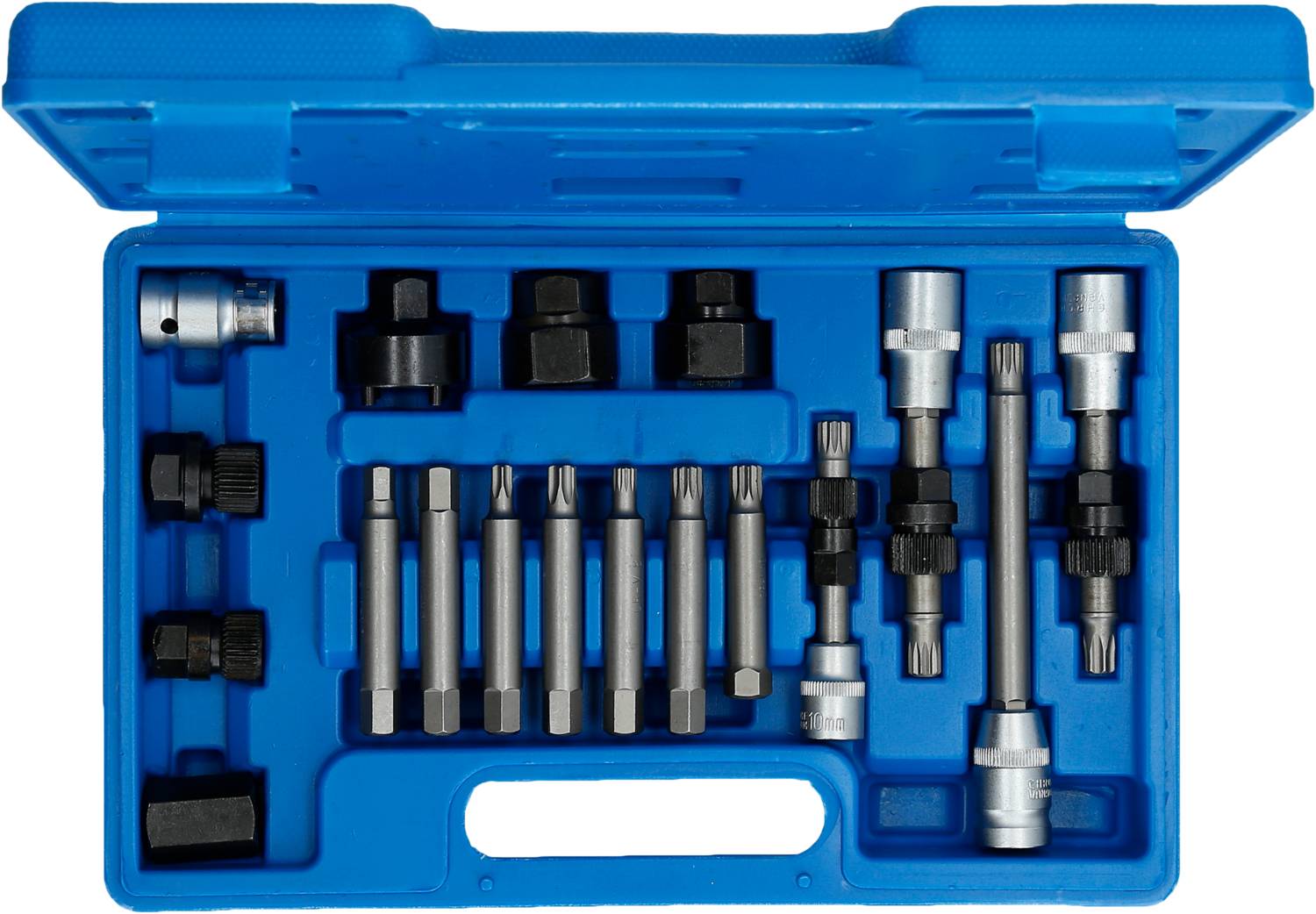 Niebieski plastikowy kufer z różnymi końcówkami bitowymi i nasadkami, ułożonymi w przegródkach, odpowiedni do prac naprawczych.