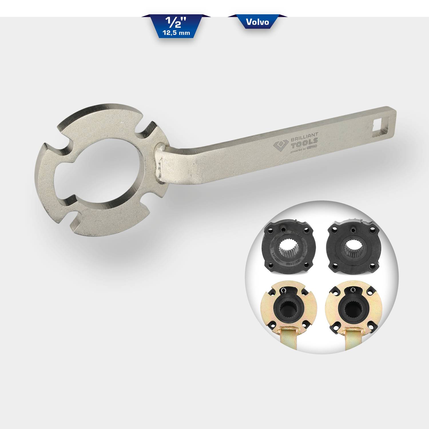 Specjalistyczne narzędzie do łożysk piast kół Volvo z napędem 1/2 cala. Ilustracja przedstawia narzędzie i związane z nim komponenty łożyska.