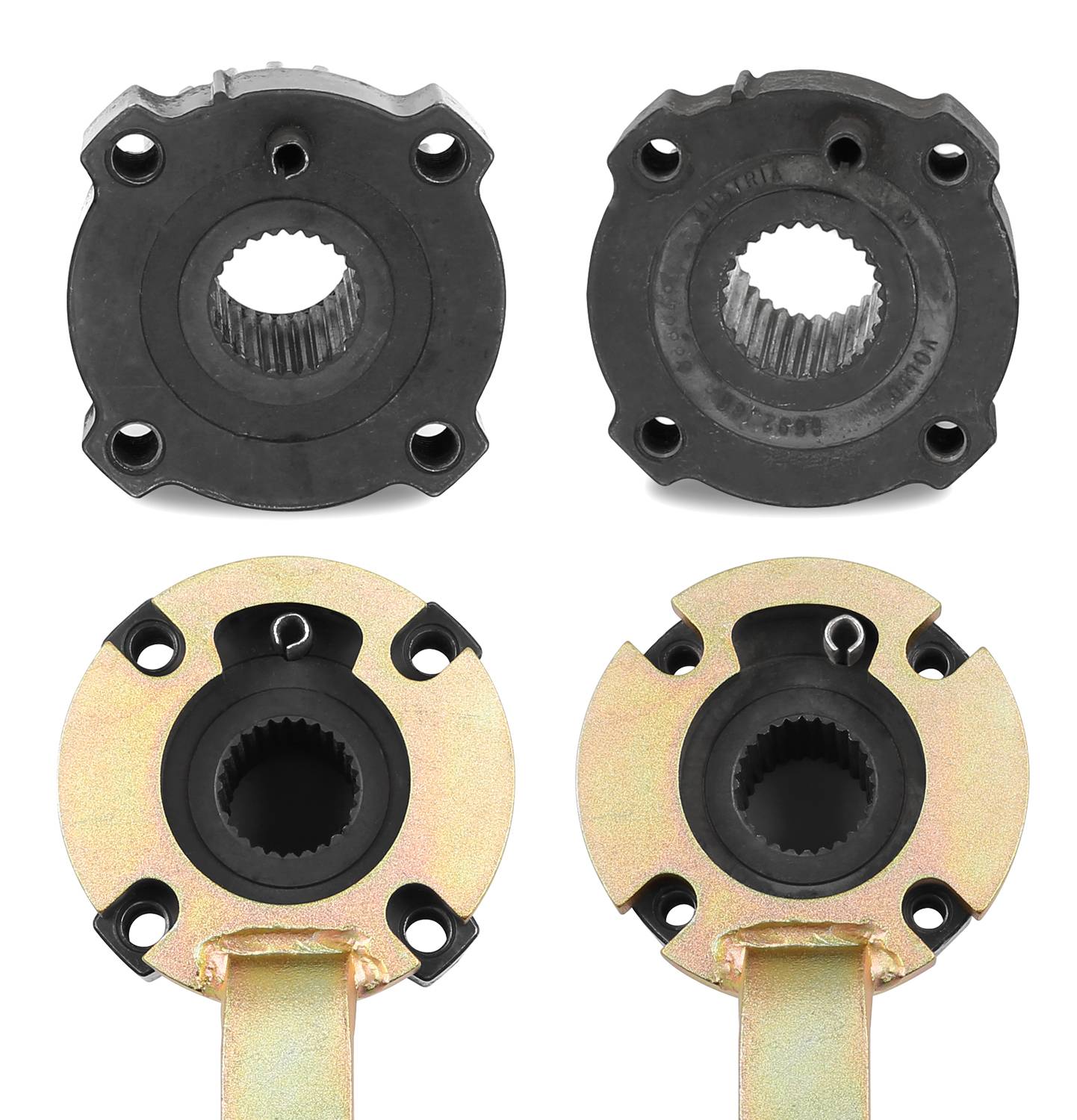 Dwie czarne metalowe płyty na górze, dwie złote na dole, wszystkie z uzębionymi pierścieniami wewnętrznymi. Prawdopodobnie są to części maszyny.