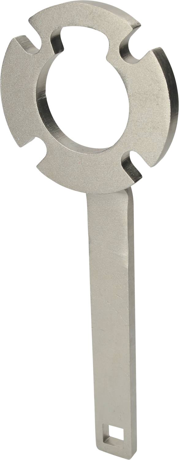 Metalowy klucz z okrągłą, uzębioną główką i długim uchwytem, prawdopodobnie przeznaczony do wyspecjalizowanych zastosowań technicznych.