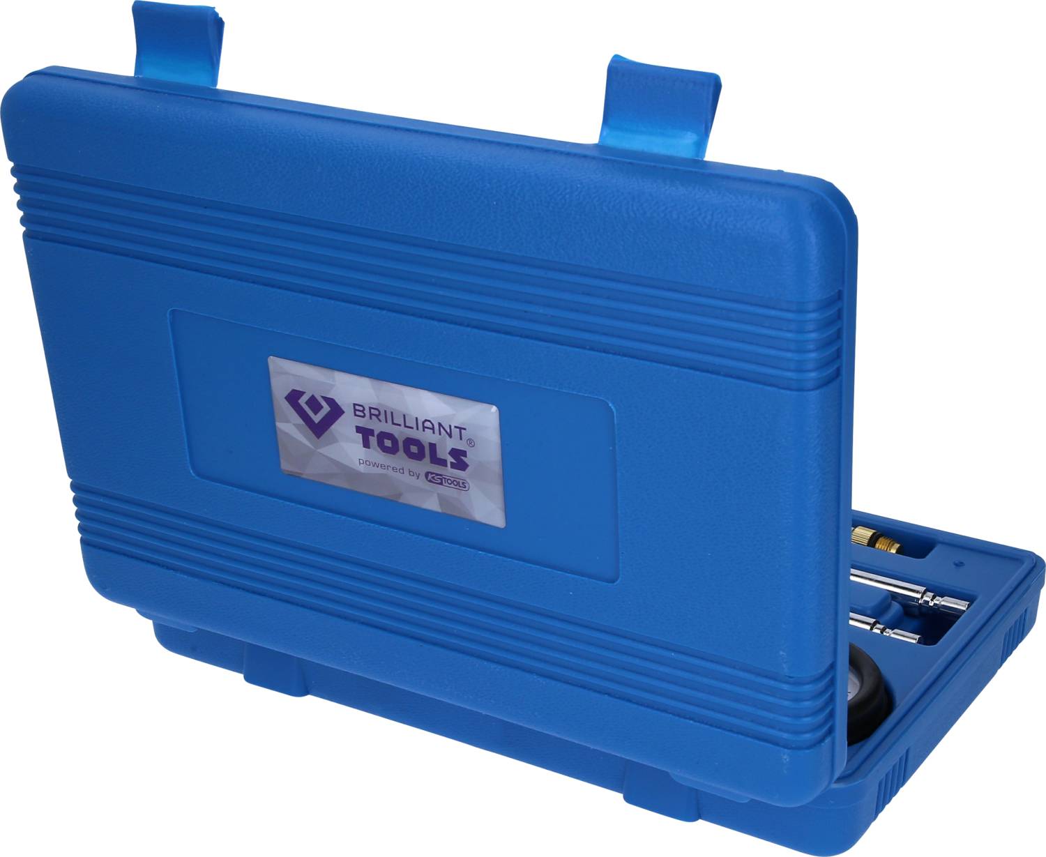Niebieski kufer na narzędzia z częściowo otwartą klapą, prezentujący znajdujące się w środku narzędzia. Napis na外部: 'Brilliant Tools'.