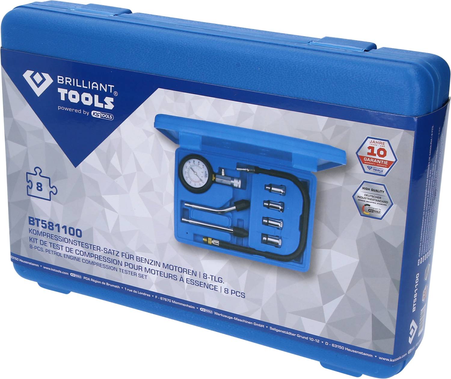 Niebieski zestaw narzędziowy z kompresjomierzem do silników benzynowych. Zawiera manometr, przedłużki i adaptery. Komplet 8-częściowy.