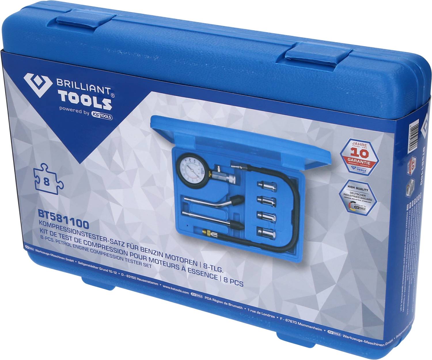 Niebieski kufer z 8-elementowym zestawem testera kompresji do silników benzynowych. Zawiera manometr i adaptery.
