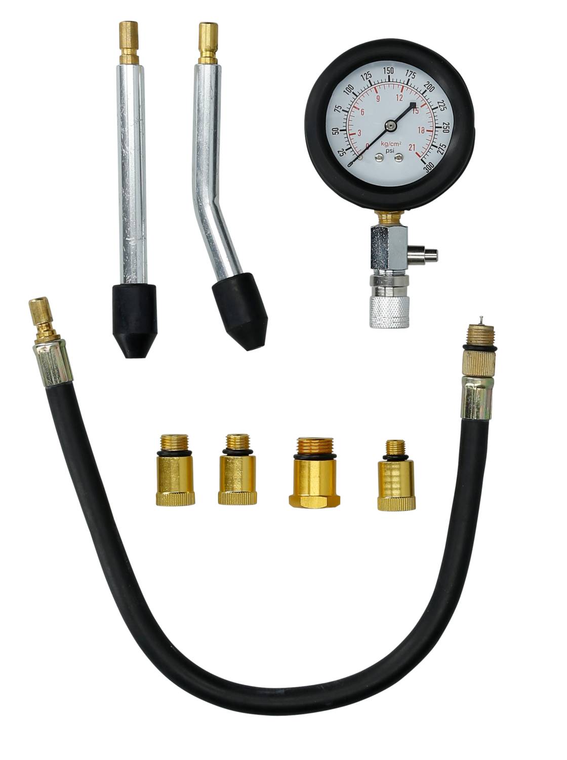 Zestaw narzędzi do pomiaru ciśnienia z manometrem, przewodami i różnymi adapterami do mierzenia ciśnienia w różnych zastosowaniach.