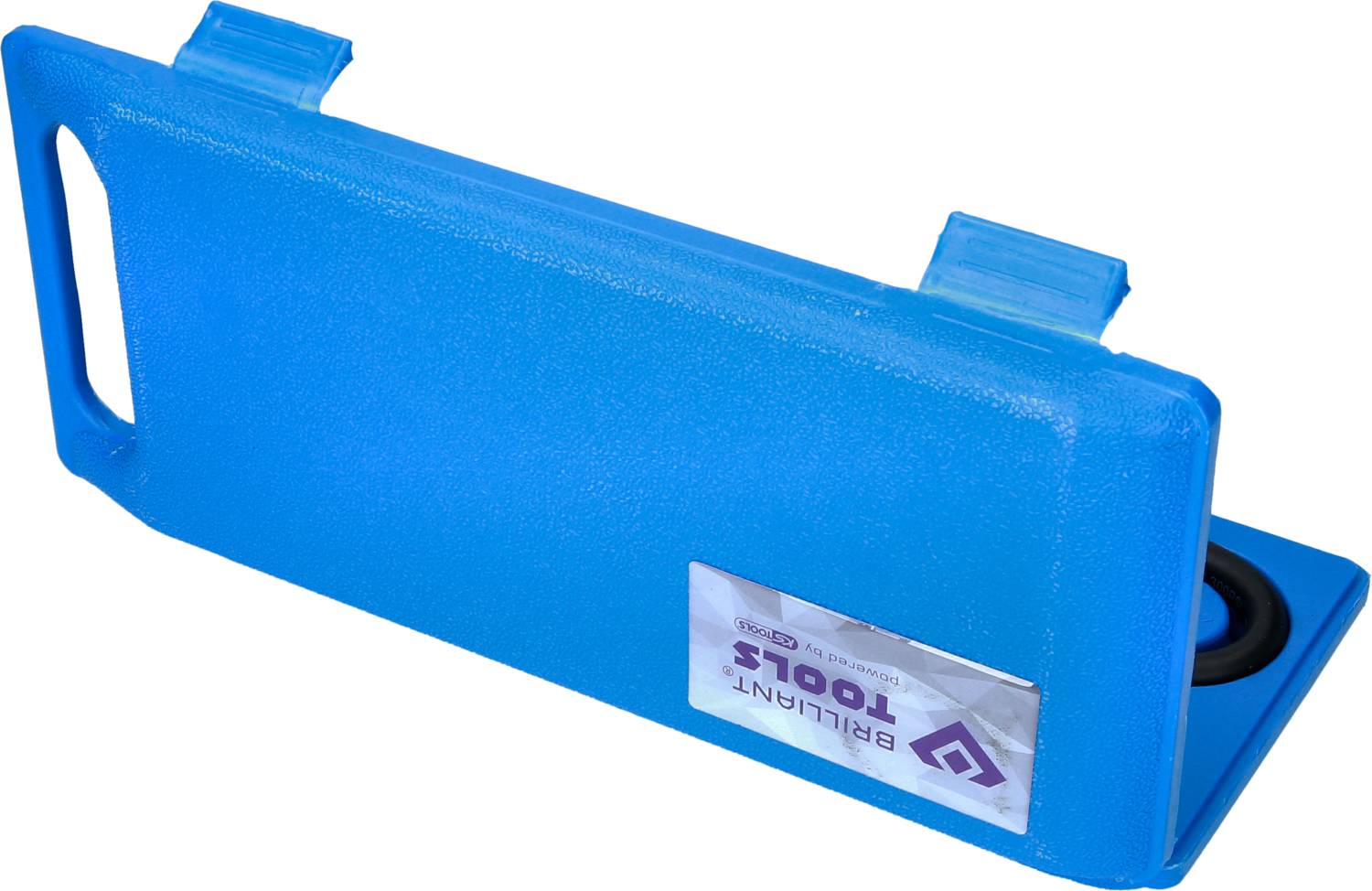 Niebieski uchwyt na narzędzia z tworzywa sztucznego z wbudowanym uchwytem na rolkę papieru i czarną rolką po prawej stronie.