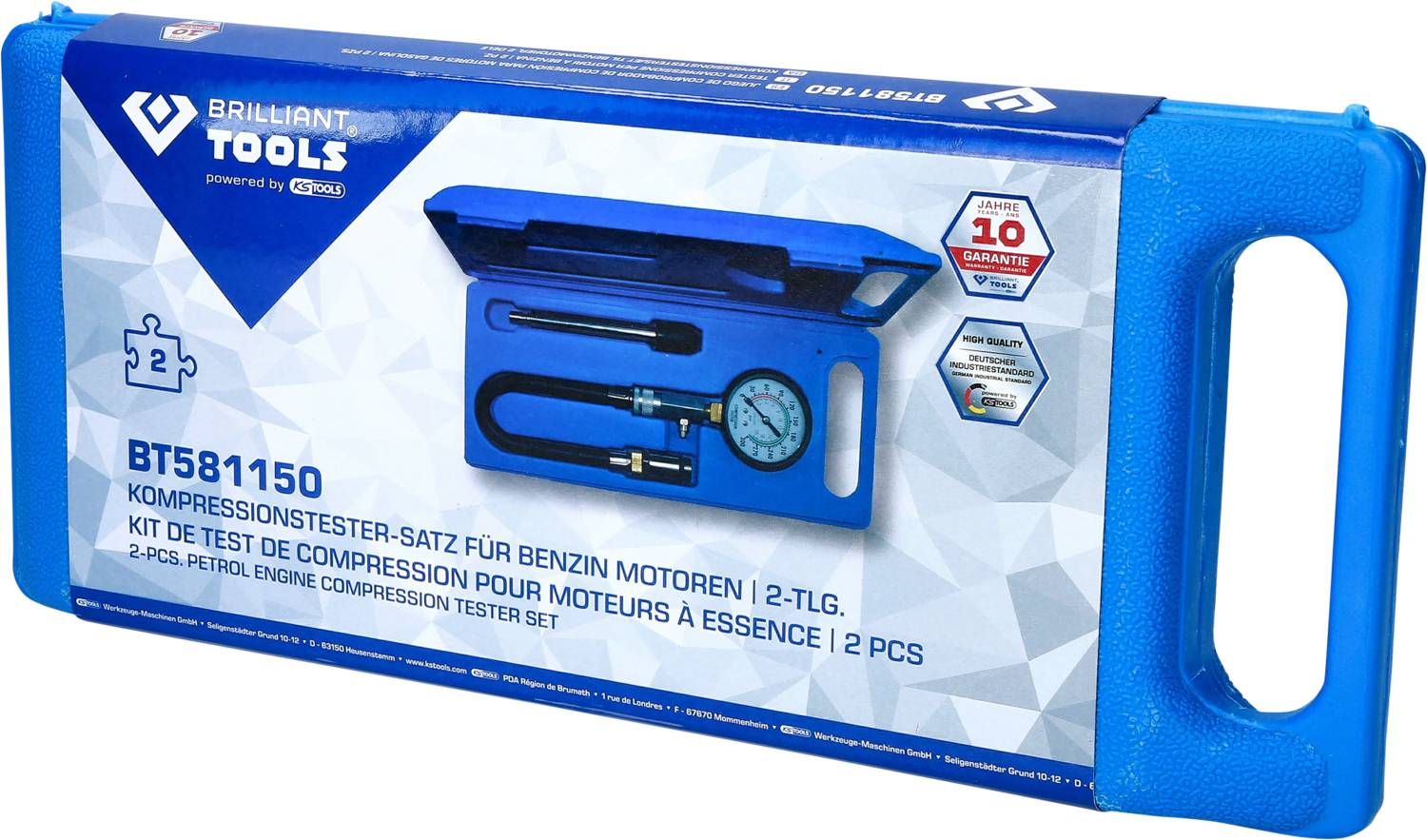 Niebieski kufer z oznaczeniem 'Zestaw kompresyjny do silników benzynowych, 2-częściowy' oraz ilustracją zawartości: manometrem i przewodami.