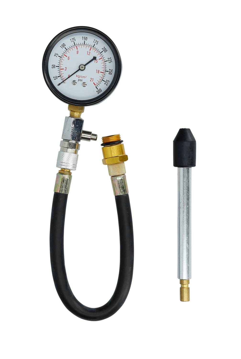 'Urządzenie pomiarowe z wężykiem do sprawdzania ciśnienia w oponach, obok wąskiego metalowego cylindra z czarną plastikową nakładką.'