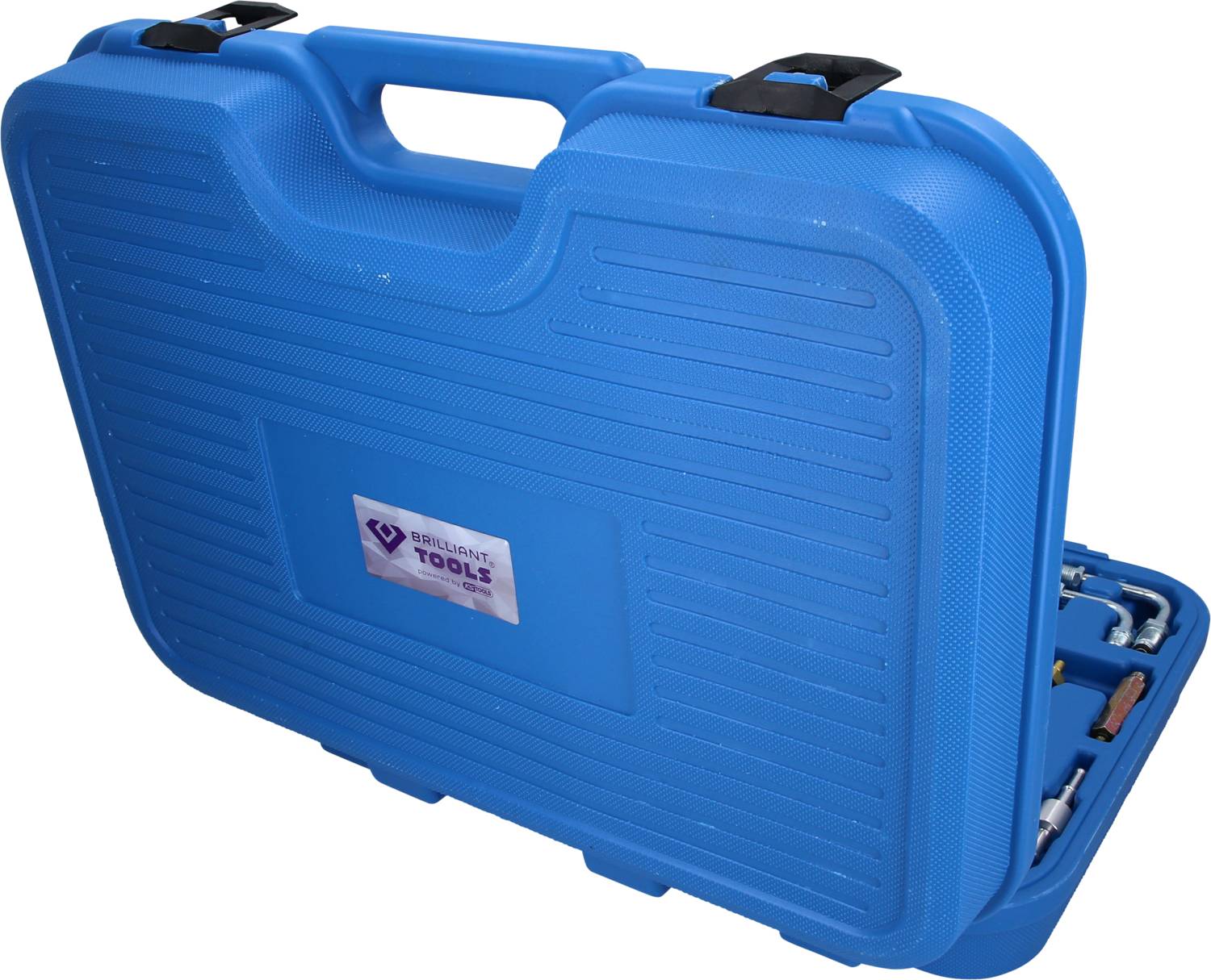 Niebieski kufer na narzędzia z uchwytem, częściowo otwarty, ukazujący różne narzędzia w środku.