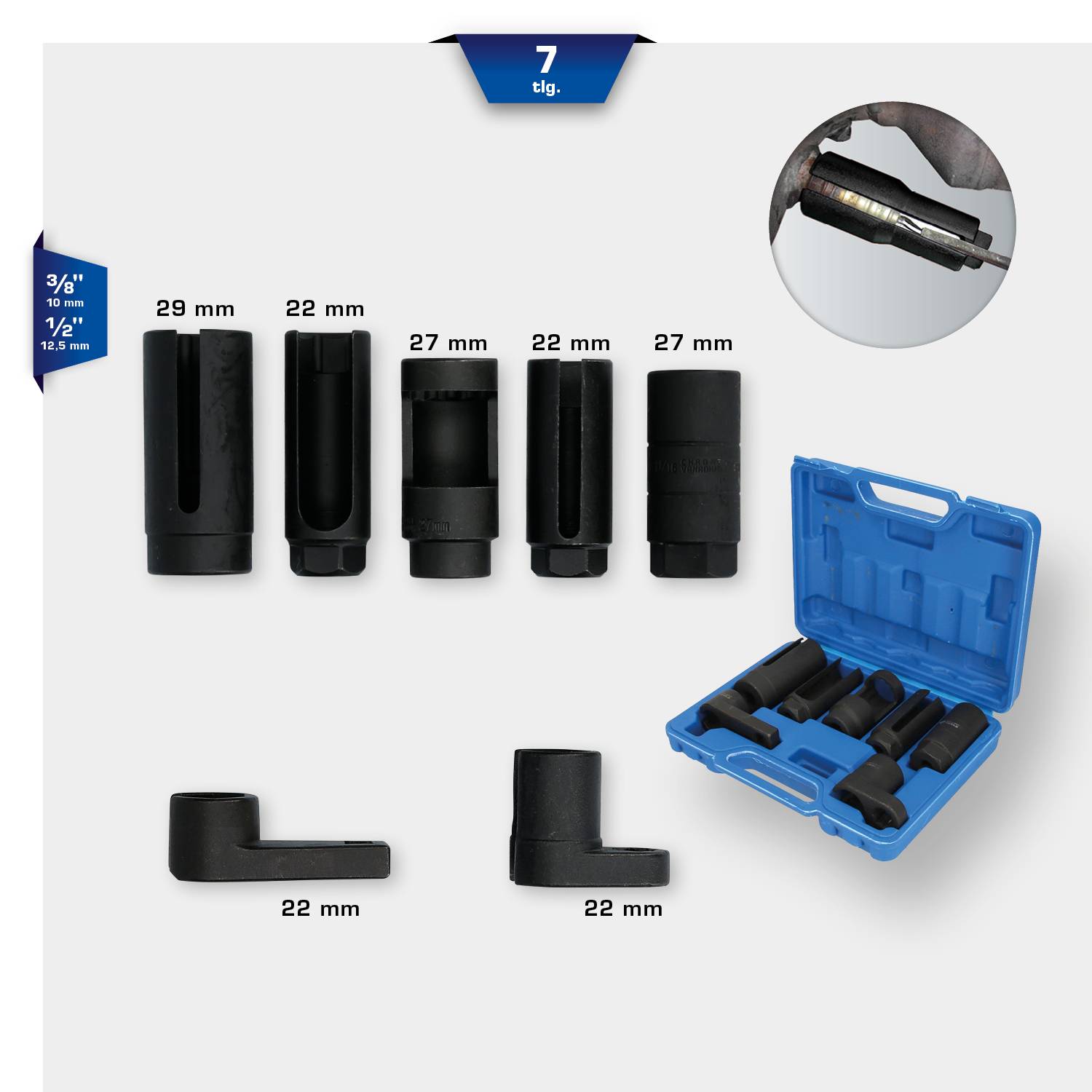 Zestaw siedmiu śrub różnej wielkości, prezentowany w niebieskim plastikowym walizce, idealny do prac naprawczych.