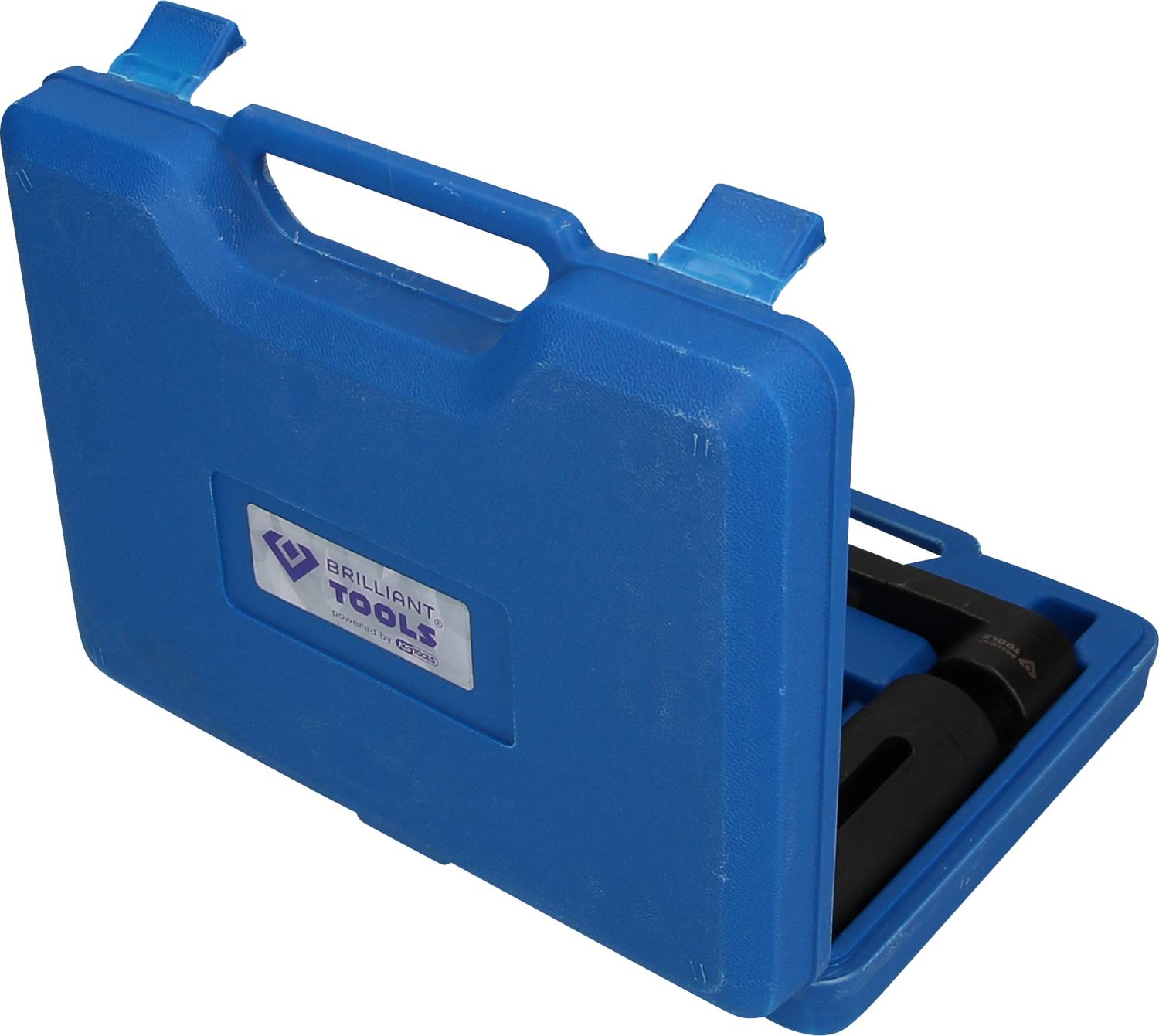 Niebieska skrzynka narzędziowa z napisem 'Brilliant Tools', częściowo otwarta, ukazuje czarny uchwyt narzędzia.