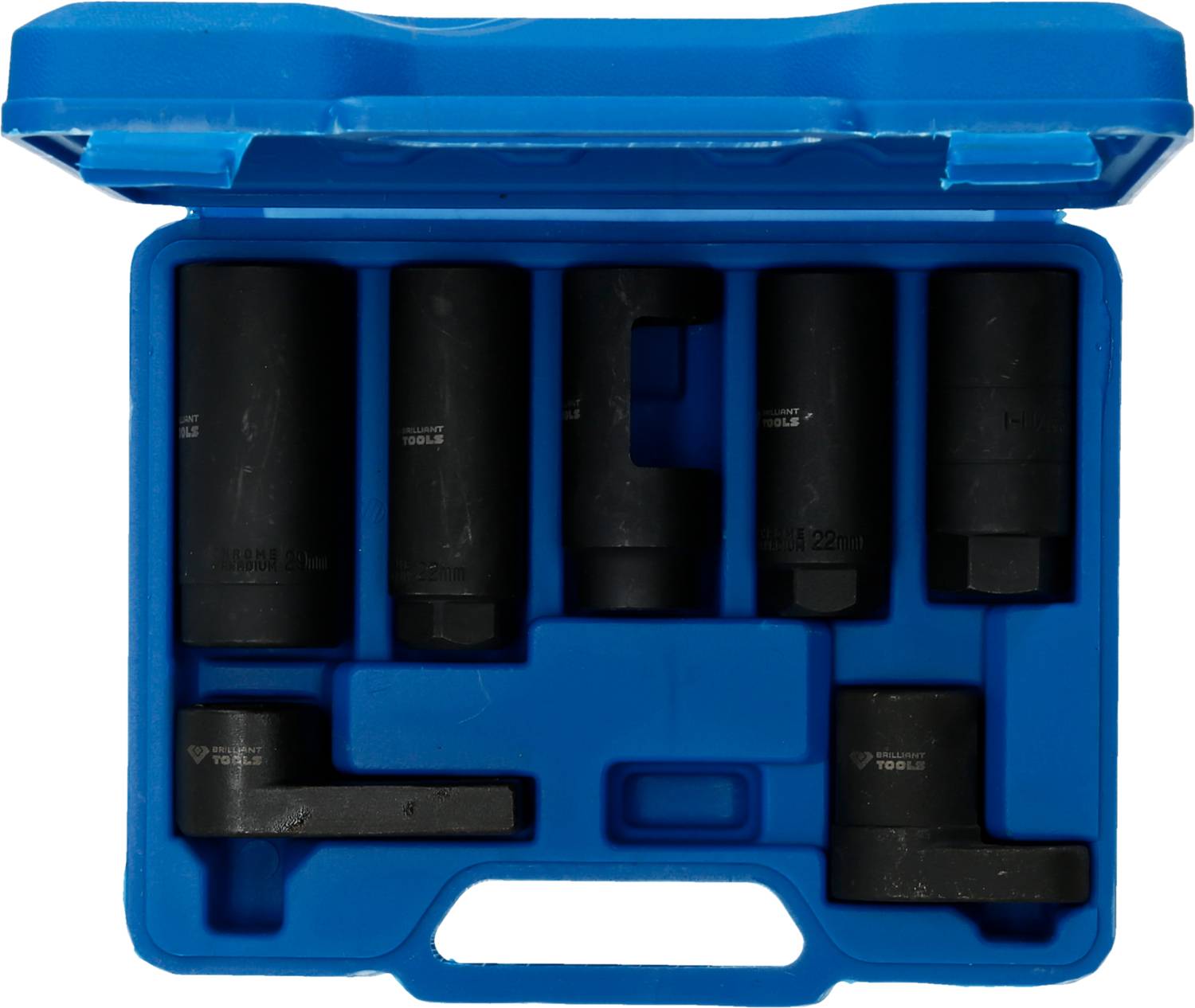 Skrzynka narzędziowa z sześcioma czarnymi nakrętkami sześciokątnymi o różnych rozmiarach, starannie ułożonymi w niebieskim plastikowym etui.