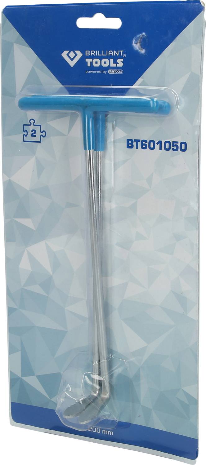 Opakowanie klucza imbusowego z niebieskim uchwytem T, numer modelu 'BT601050', długość 200 mm, marka 'BRILLIANT TOOLS'.