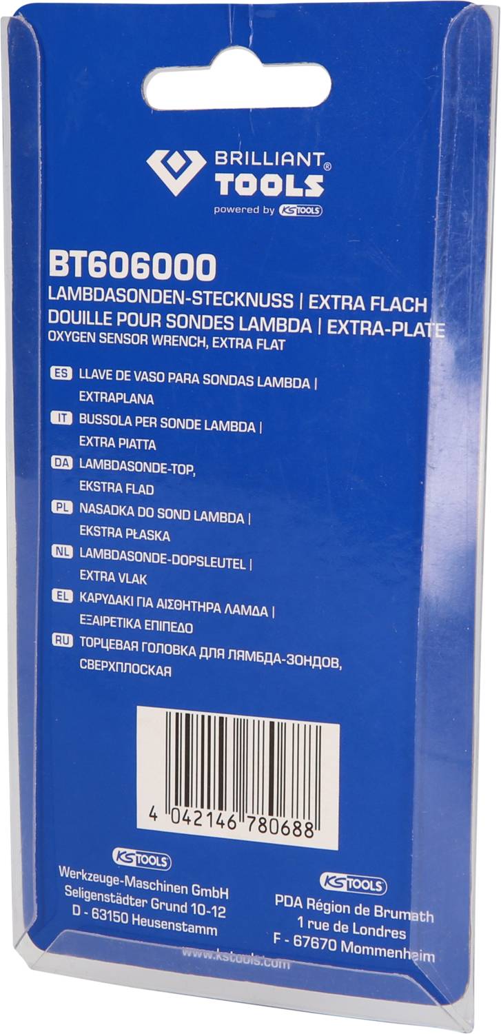 Opakowanie klucza do sondy lambda firmy Brilliant Tools (model BT606000). Wielojęzyczne informacje o użytkowaniu.