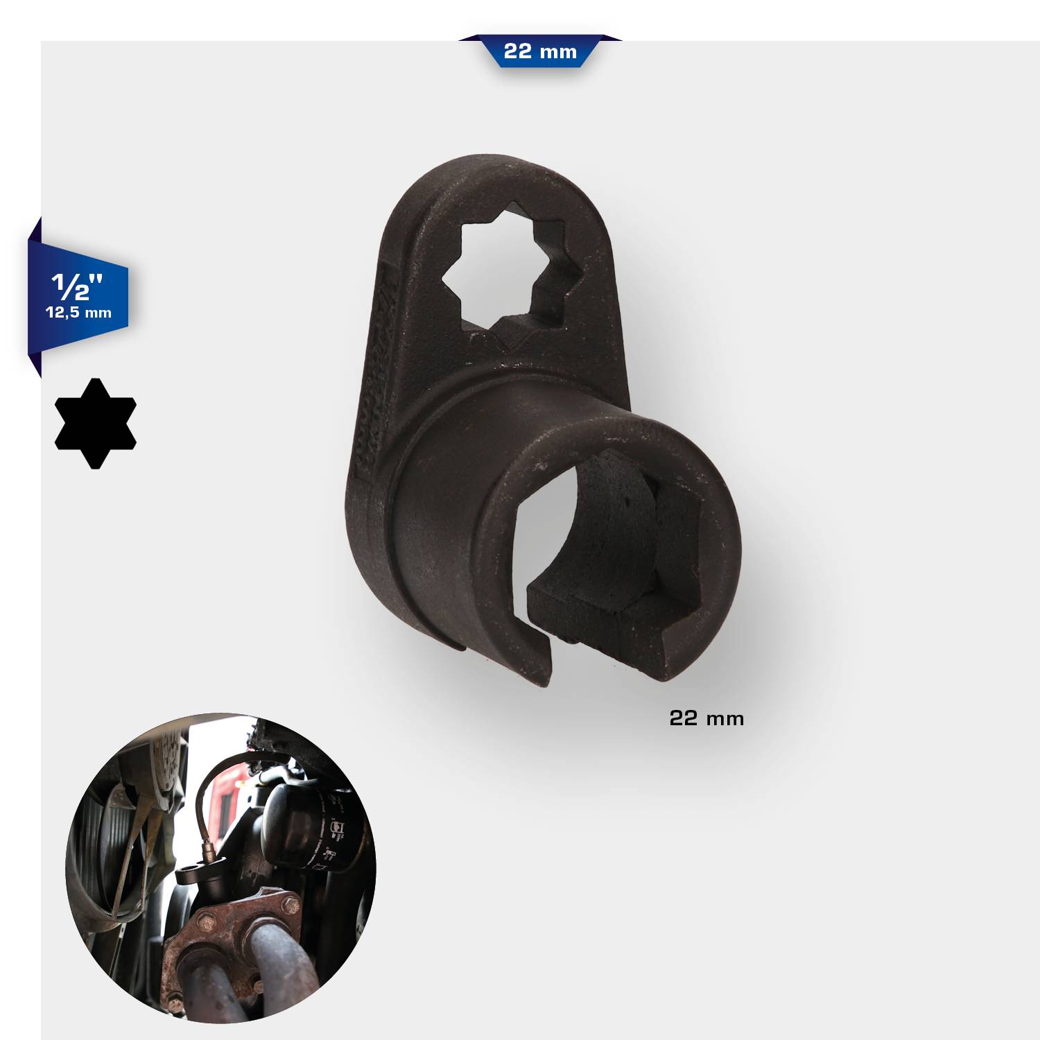 Klucz nasadowy o średnicy 22 mm i trzpieniu 1/2 cala (12,5 mm). Powiększenie pokazuje widok szczegółowy.