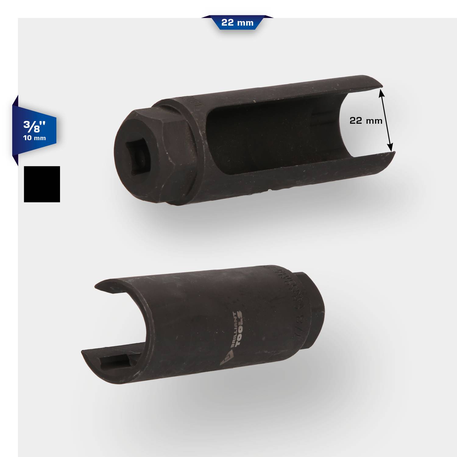 Dwa czarne klucze nasadowe, jeden z otworem 22 mm, drugi z nasadką 3/8". Oba służą do odkręcania i dokręcania śrub.