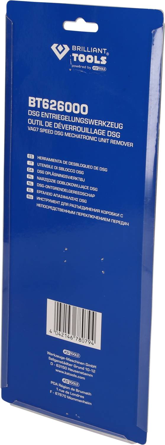 'Niebieski karton z napisem: Brilliant Tools, Narzędzie do odblokowania DSG, BT626000. Zawiera opisy narzędzi w kilku językach.'