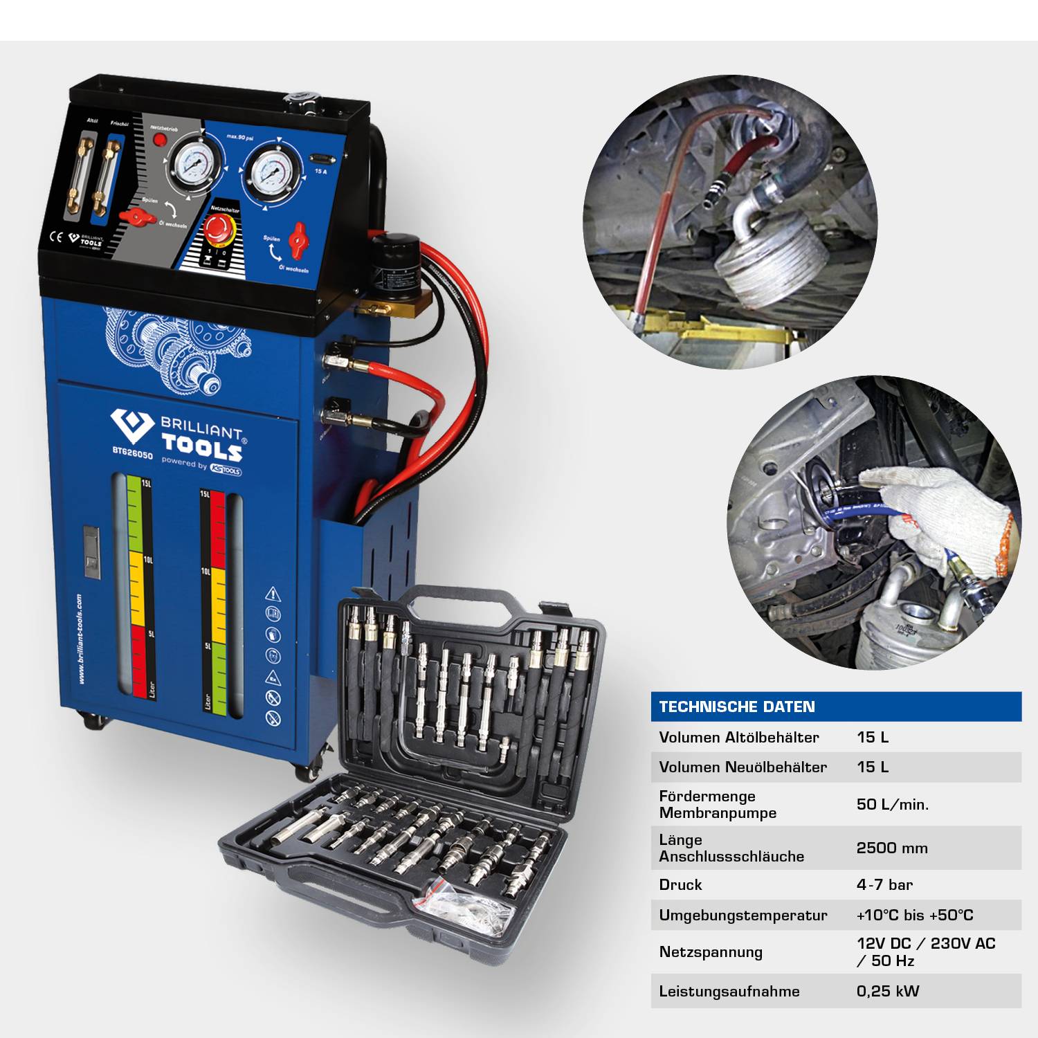 Maszyna do odpowietrzania hamulców z przyrządami pomiarowymi i wężami. Po lewej stronie dane techniczne: np. objętość, ciśnienie i wydajność.