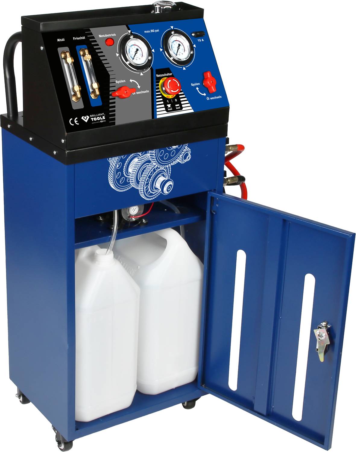Niebieski sprzęt do płukania chłodziwa z wyświetlaczami i wężami, na dole dwa białe kanistry za otwartymi drzwiami.