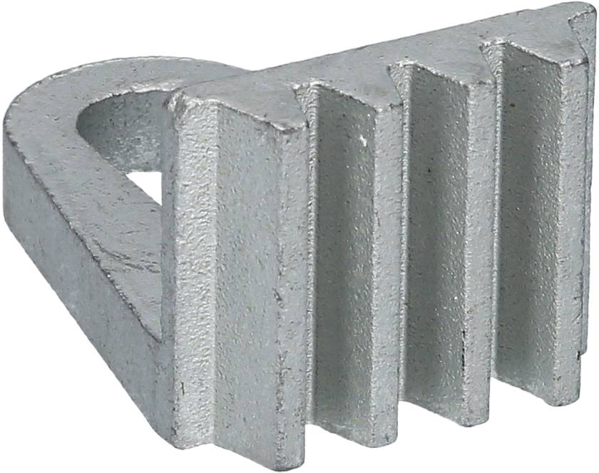 Klin metalowy o kształcie trapezowym z ząbkowanymi krawędziami, stosowany do mocowania lub stabilizacji elementów maszyn.